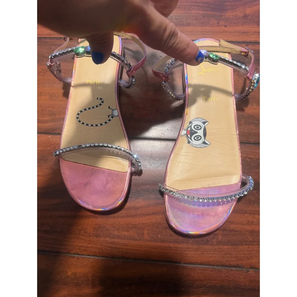 Christian Louboutin Kids Miniqueenie Pink Holographic Crystal Sandals Red Bottom